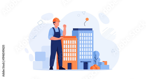 Construction worker standing in front of modern buildings, urban development concept