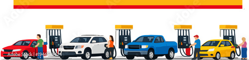 Drivers fueling cars at a petrol station, filling up tanks with gasoline