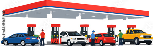 People fueling cars at a vibrant gas station with multiple pumps and vehicles