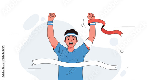 Happy runner crossing finish line with arms raised in victory, red ribbon flying