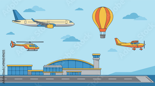 Airport scene with various air transport vehicles in flat design illustration