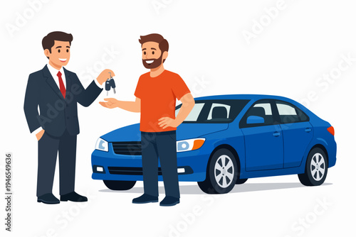 Salesman giving car keys to a happy customer buying a new blue sedan