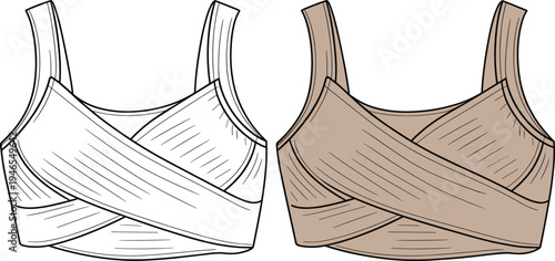 Stylish women’s crop top fashion flat sketch with cross wrap front detail, sleeveless straps, modern activewear design vector illustration