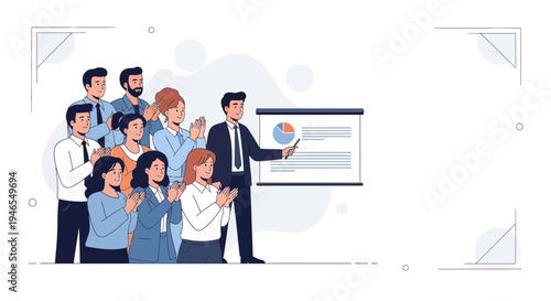 Business presentation success, team applauding speaker at whiteboard with charts