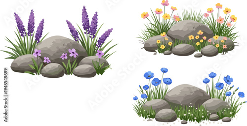 Stylized Illustration Set of Decorative Garden Rock Beds with Wildflowers and Lavender for Landscaping, Park, and Nature Design Elements