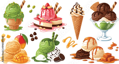 Colorful ice cream dessert collection with cone sundae caramel chocolate fruit scoop gelato and sweet summer frozen treat illustration set