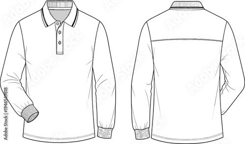 long, sleeve, polo, shirt, technical, flat, sketch, front, back, view, collar, button, casual, apparel, clothing, garment, template, vector, illustration, fashion, design, mockup