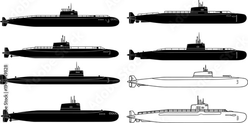 Submarine silhouette vector illustration set, military naval underwater vessels collection, modern and classic warship designs, black maritime defense symbols isolated