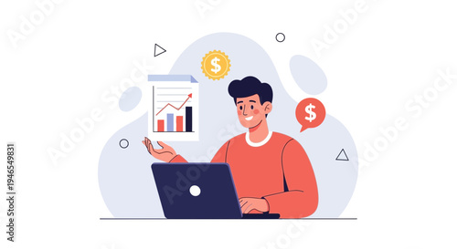 Man working on laptop with financial charts and money symbols, business growth concept