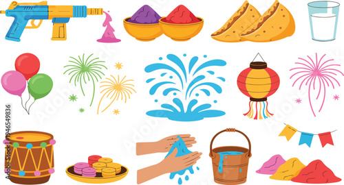 Holi festival icon set with colorful gulal powder pichkari water guns traditional sweets balloons and festive Indian celebration elements