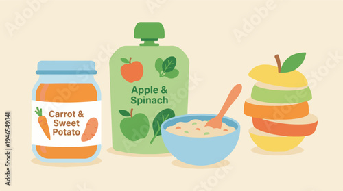 Healthy baby food options illustration: purees, cereal, and fresh fruit
