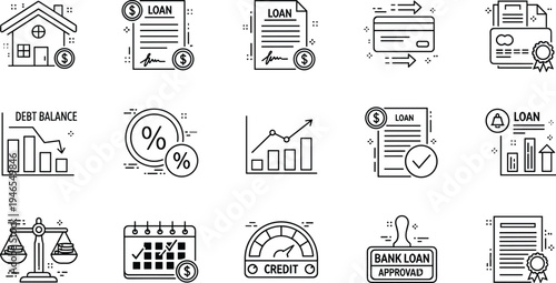 Loan and credit finance line icon set including bank loan approval interest rate debt balance mortgage document and financial growth concept
