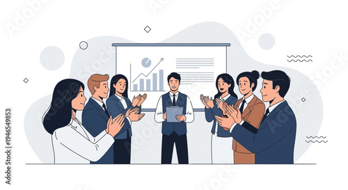 Business team applauding speaker during presentation with financial graph on screen