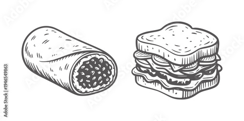 Black and white of a burrito and a layered sandwich food