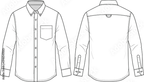 Men's long sleeve button down shirt front and back view, classic casual apparel clothing technical flat sketch vector illustration