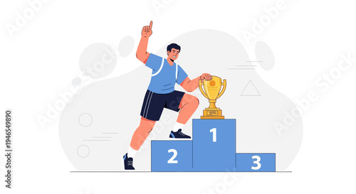 Winner celebrating on podium with trophy, first place, success, achievement, sports victory