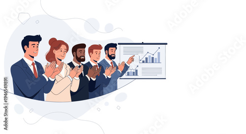 Business team applauding during a presentation with financial charts on a whiteboard