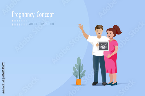 Happy pregnant woman and her husband proudly showing baby ultrasound photo.  Family and maternity concept. 