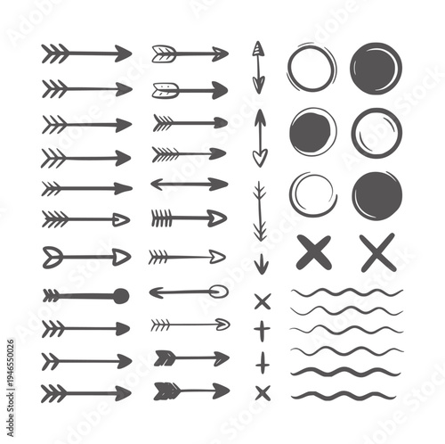 Collection of hand drawn dark grey arrows circles crosses and wavy lines