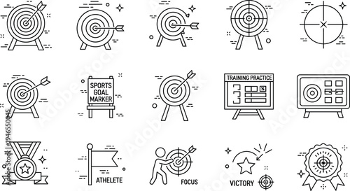 Sports Training and Target Practice Line Icons Set with Bullseye Focus Athlete Victory Medal and Coaching Vector