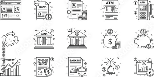 Banking and Finance Line Icons Set with ATM Bank Interest Piggy Bank Account Balance and Financial Security Vector