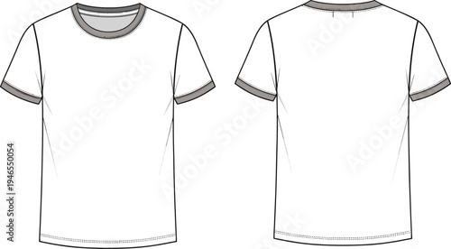 tshirt, crewneck, technical, flat, sketch, front, back, view, short, sleeve, casual, apparel, clothing, garment, template, vector, illustration, fashion, design, mockup, basic, tee