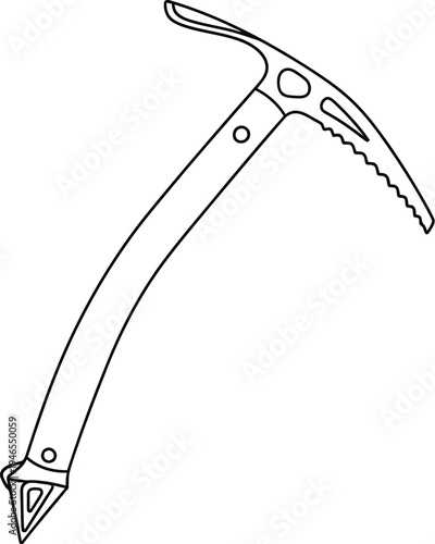 Detailed line drawing of a climbing ice axe with pick and adze