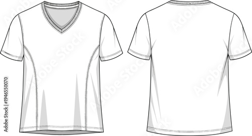 v-neck, t-shirt, technical, flat, sketch, front, back, view, short, sleeve, casual, women, apparel, clothing, garment, template, vector, illustration, fashion, design, mockup, basic