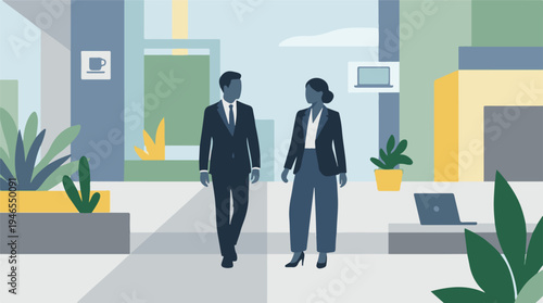 Business professionals walking in modern office environment flat illustration