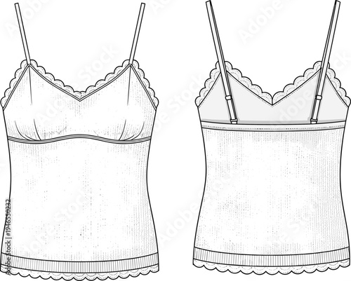 Women's lace trim camisole top front and back view, spaghetti strap lingerie tank, fashion technical drawing, apparel flat sketch vector illustration isolated