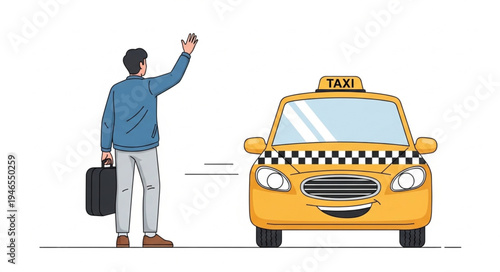 Man Hailing Yellow Taxi Cab.