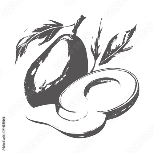 Dark gray watercolor of a whole and sliced avocado with leaves fruit food green