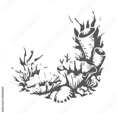 Dark gray watercolor of underwater coral reef and tube sponges ocean