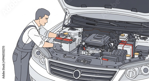 Mechanic Working on Car Engine.