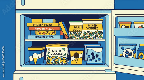 Illustration of a freezer filled with various frozen foods and ingredients