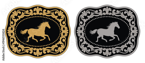 Horse Label Belt Buckle Vector Featuring Wild Western Rodeo Ranch Cowboy Style Gold and Silver Stylized Silhouette Equestrian Motifs Decorative Accessory Illustration Classic Western Design