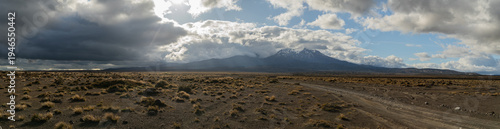 Mount Ruapehu viewed from the 4wd Tukino Access Road, off the Desert Road, State Highway 1 One, Volcanic Highway Loop, Tongariro National Park, North Island, New Zealand. Panorama.
