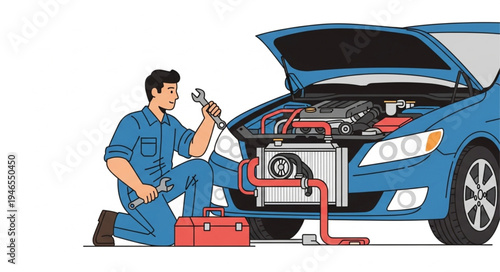 Mechanic Working on Car Engine.