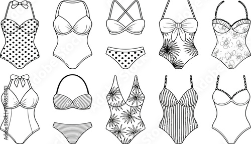 Black and white women swimwear illustration set featuring one piece and bikini designs with stylish patterns and fashion elements