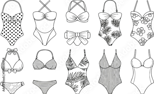 Black and white women swimwear illustration set featuring one piece and bikini designs with stylish patterns and fashion elements