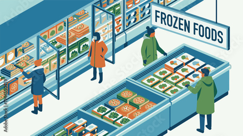 People shopping for frozen foods in a supermarket aisle, isometric illustration