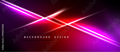 Abstract neon lines intersect dark background. Vibrant purple, red hues create dynamic visual effect. Modern design element.