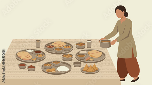 Woman serving traditional Indian thali meal with various dishes