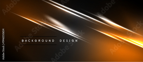 Dark background features bright orange, white light streaks. Modern design element, abstract composition, dynamic energy flow.