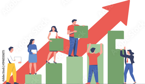 Business growth teamwork concept vector illustration with people building rising chart representing success financial progress and collaboration