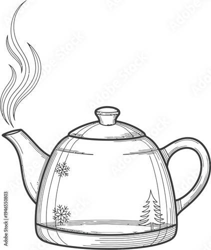 A black and white drawing of a glass teapot with steam coming out of it slowly