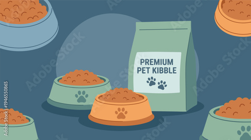 Vector illustration of pet food bowls filled with kibble and a premium bag