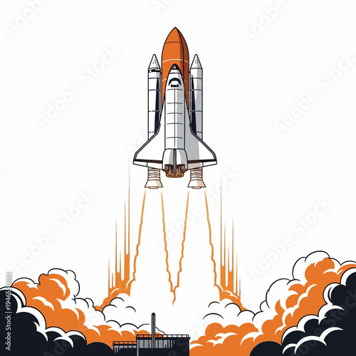 Cartoon space shuttle launching into orbit.