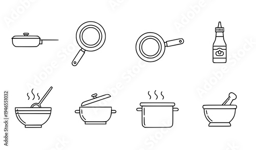 Minimal cooking utensils line icon set pan frying pan sauce bottle kitchen vector