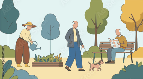 Senior people enjoying various leisure activities and recreation in a park